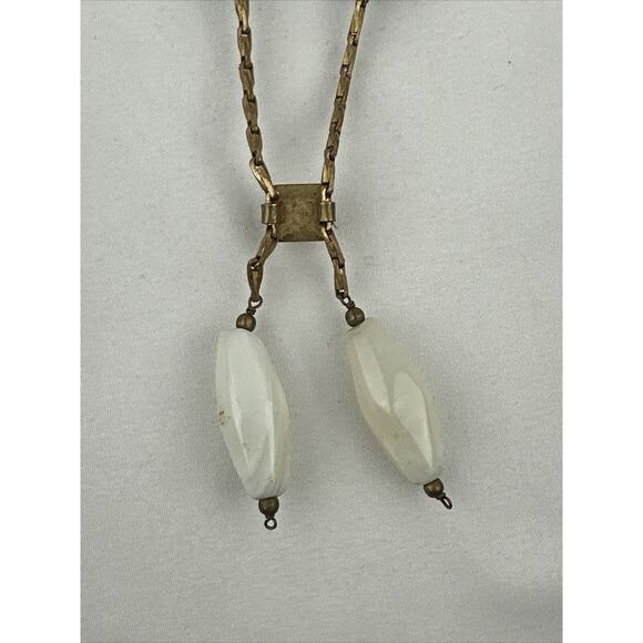 Vintage Semi Precious White Agate Onyx Beaded Brass Chain Lariat Necklace - Picture 8 of 8